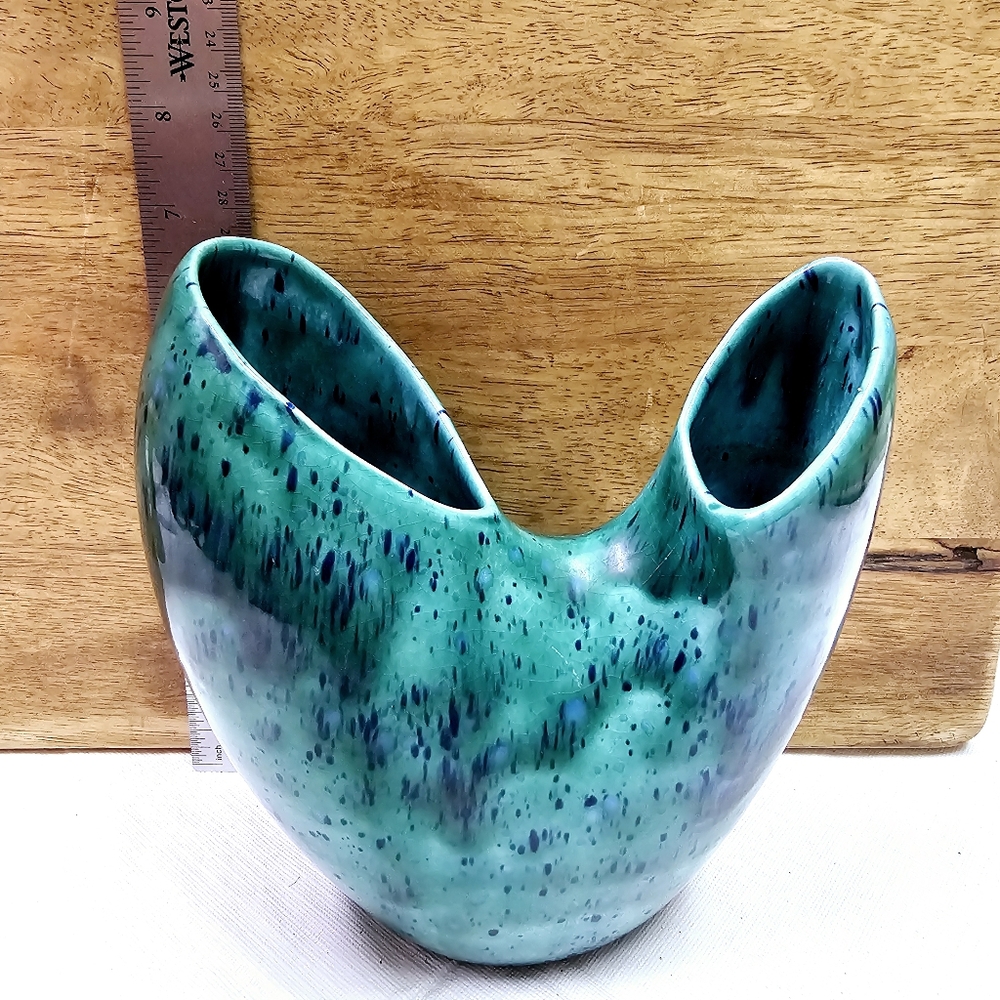 Vintage Double-Mouth Green Drip Glazed Pottery Vase, Mid-Century - Picture 6 of 6